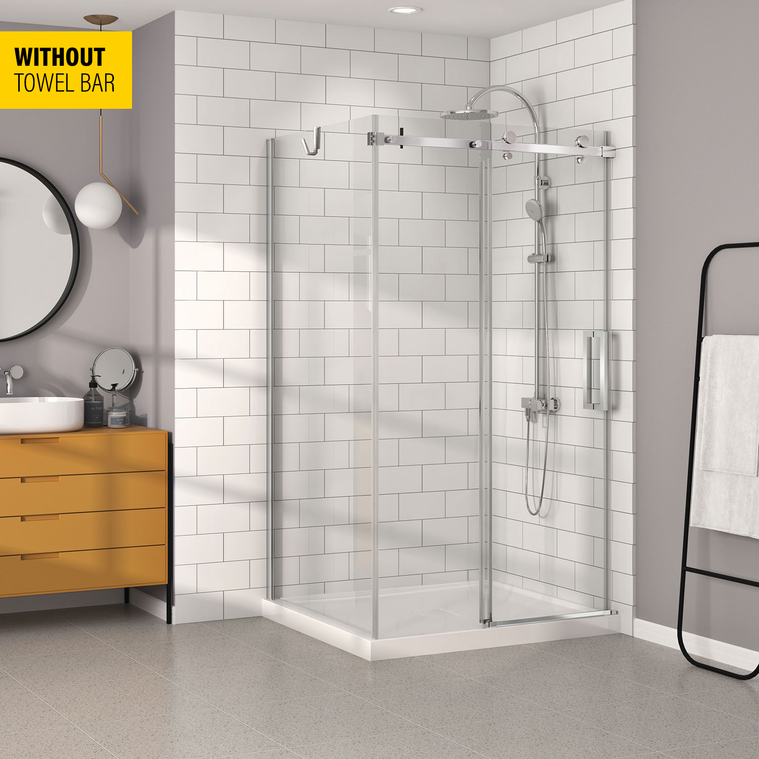 Shower door 48 x 36 in a corner closing on wall wall on the right